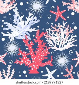 Hermoso patrón tropical vectorial sin fisuras con corales. Ilustración bursátil. Fondo submarino, excelente para textiles, pancarta, papel pintado, envoltura.