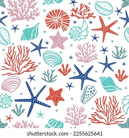 Beautiful seamless vector tropical pattern with corals, seaweed and sea stars. 