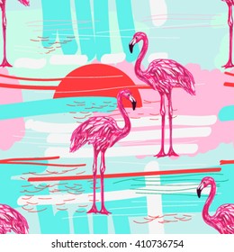 Beautiful seamless vector tropical pattern background with  flamingo. Abstract geometric texture, stripes. Perfect for wallpapers, web page backgrounds, surface textures, textile.