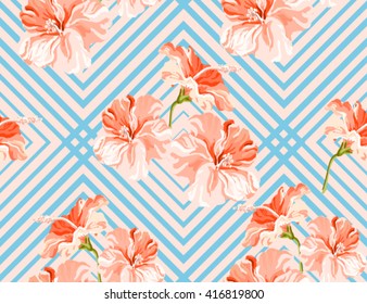 Beautiful seamless vector  tropical pattern background with  hibiscus. Abstract  geometric texture, stripes. Perfect for wallpapers, web page backgrounds, surface textures, textile.