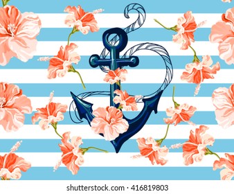 Beautiful seamless vector  tropical pattern background with  anchor and hibiscus. Abstract  geometric texture, stripes. Perfect for wallpapers, web page backgrounds, surface textures, textile.