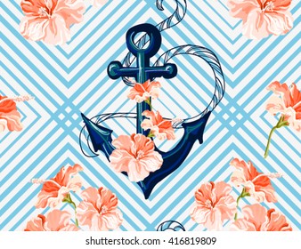 Beautiful seamless vector  tropical pattern background with  anchor and hibiscus. Abstract  geometric texture, stripes. Perfect for wallpapers, web page backgrounds, surface textures, textile.