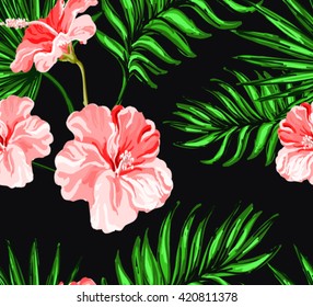 Beautiful seamless vector tropical pattern background with  hibiscus and palm leaves. Abstract vintage texture. Perfect for wallpapers, web page backgrounds, surface textures, textile.