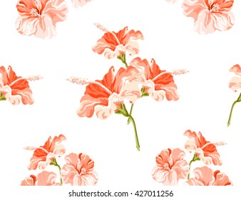 Beautiful seamless vector tropical pattern on white background with hibiscus. Abstract texture. Perfect for wallpapers, web page backgrounds, surface textures, textile.