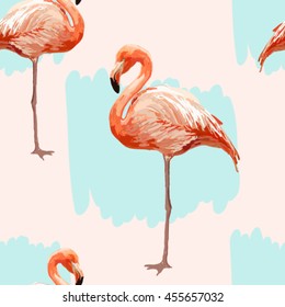 Beautiful seamless vector tropical pattern background with flamingo. Abstract geometric texture, stripes. Perfect for wallpapers, web page backgrounds, surface textures, textile.