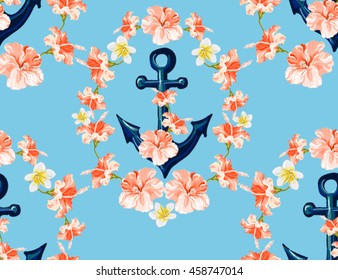 Beautiful seamless vector tropical pattern background with anchor and hibiscus. Abstract geometric texture, boho style. Perfect for wallpapers, web page backgrounds, surface textures, textile.