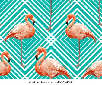 Beautiful seamless vector tropical pattern background with flamingo. Abstract geometric texture. Perfect for wallpapers, web page backgrounds, surface textures, textile.