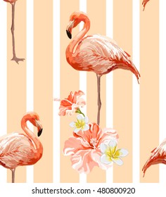 Beautiful seamless vector tropical pattern background with flamingo and hibiscus. Abstract texture, stripes. Perfect for wallpapers, web page backgrounds, surface textures, textile.