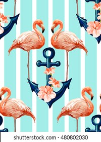 Beautiful seamless vector tropical pattern background with flamingo, hibiscus and anchor. Abstract texture, stripes. Perfect for wallpapers, web page backgrounds, surface textures, textile. Boho style