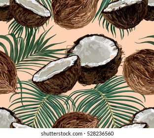 Beautiful seamless vector tropical pattern background with coconut and palm leaves.  Perfect for wallpapers, web page backgrounds, surface textures, textile.