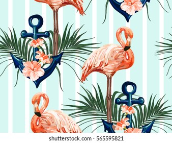 Beautiful seamless vector tropical pattern with anchor, flamingo,  hibiscus, palm leaves.  Perfect for wallpapers, web page backgrounds, surface textures, textile.