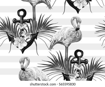 Beautiful seamless vector tropical pattern with anchor, flamingo,  hibiscus, palm leaves.Perfect for wallpapers, web page backgrounds, surface textures, textile.