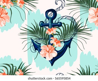 Beautiful seamless vector tropical pattern with anchor, flamingo,  hibiscus, palm leaves. Perfect for wallpapers, web page backgrounds, surface textures, textile.