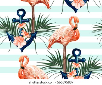 Beautiful seamless vector tropical pattern with anchor, flamingo,  hibiscus, palm leaves. Perfect for wallpapers, web page backgrounds, surface textures, textile.