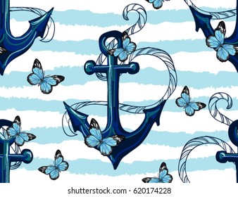 Beautiful seamless vector tropical pattern background with anchor, butterflies. Abstract geometric texture, stripes. Perfect for wallpapers, web page backgrounds, surface textures, textile.