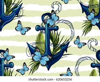 Beautiful seamless vector tropical pattern background with anchor, butterflies. Abstract geometric texture, stripes. Perfect for wallpapers, web page backgrounds, surface textures, textile.