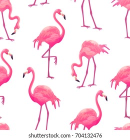 Beautiful seamless vector tropical pattern with pink flamingos on white background. Abstract summer texture