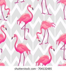 Beautiful seamless vector tropical pattern with pink flamingos on light grey geometric background. Abstract summer texture