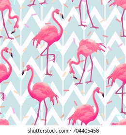 Beautiful seamless vector tropical pattern with pink flamingos on light grey geometric background. 