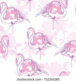 Beautiful seamless vector tropical pattern background with flamingo and hibiscus. Abstract texture, stripes. Perfect for wallpapers, web page backgrounds, surface textures, textile.