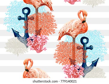 Beautiful seamless vector tropical pattern with anchor, flamingo, corals. Perfect for wallpapers, web page backgrounds, surface textures, textile.