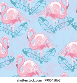 Beautiful seamless vector tropical pattern background with flamingo and hibiscus. Abstract texture, stripes. Perfect for wallpapers, web page backgrounds, surface textures, textile.