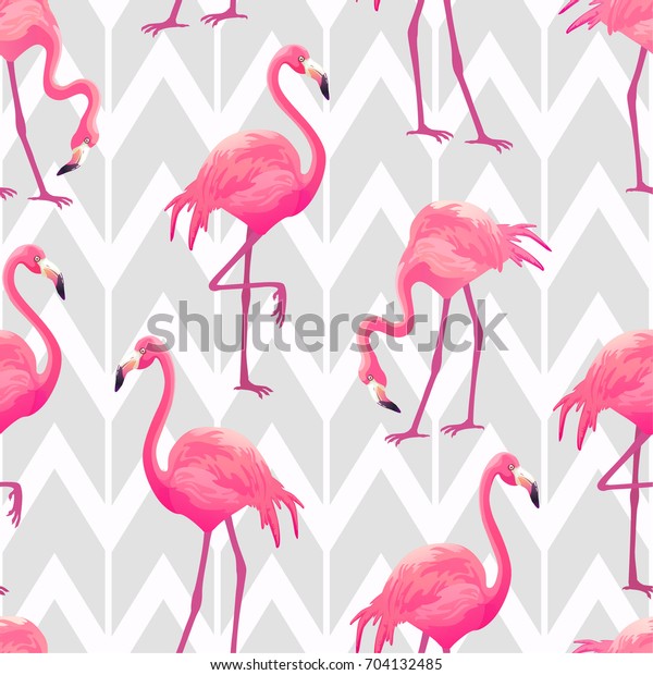 Beautiful seamless vector tropical pattern with pink flamingos on light grey geometric background. Abstract summer texture