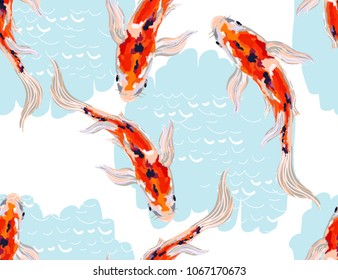 Hermoso fondo vectorial de verano tropical sin fisuras con peces koi. Perfecto para fondos de escritorio, fondos de página web, texturas superficiales, textiles.