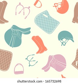 Beautiful seamless vintage colored pattern with horse equipment including boots, helmet, saddle and other equine stuff.