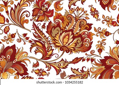 beautiful seamless vintage ornament with bright decorative gold and red flowers on a white background for design, colored vintage ornament in warm colors with abstract retro-style flowers 