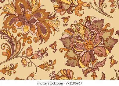 beautiful seamless vintage ornament with pastel decorative golden flowers on a coffee background for design,  vintage ornament in warm tones with rich abstract flowers in oriental style 