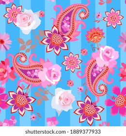 Beautiful seamless vintage pattern with pink and white roses, mandalas and paisley on blue striped background. Damask,russian, indian,persian motifs. Ethnic style.