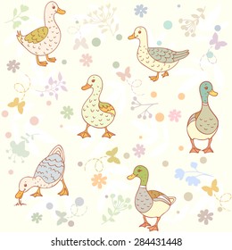 Beautiful seamless wallpaper with cute cartoon ducks