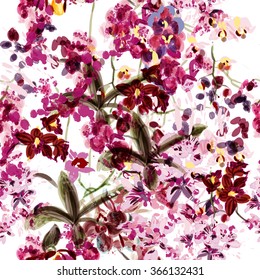 Beautiful seamless wallpaper with orchid flowers painded by watercolor and ink spots