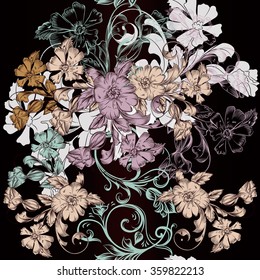 Beautiful seamless wallpaper pattern with flowers in dark colors