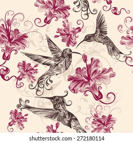 Beautiful seamless wallpaper pattern with hummingbirds and flowers