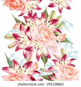 Beautiful seamless wallpaper pattern with realistic roses and lily all in pink