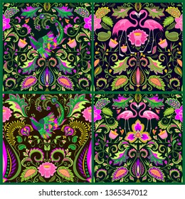Beautiful seamless wallpapers set with exotic flowers, tropical leaves, magic bird and pink flamingo for carpet, fabric, textile, wrapping paper and other design