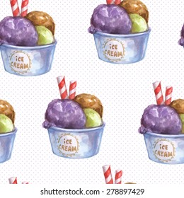 Beautiful seamless watercolor ice cream pattern with dots background. Sweet and tasty design