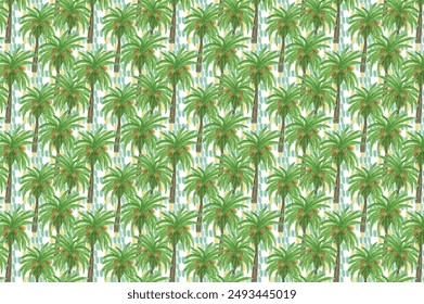 Beautiful seamless watercolor painting floral tropical pattern background with date palm tree