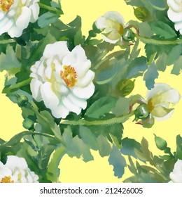 Beautiful seamless watercolor pattern with white flowers on yellow background vector illustration