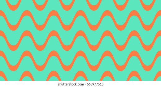 Beautiful Seamless wavy pattern with orange wave on a teal background. Vintage wallpaper. Can be used for Wallpapers, wrapping paper, textile. Wide screen Vector illustration