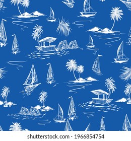 Beautiful seamless white hand sketch island pattern on ocean blue background. Landscape with palm trees,beach and ocean vector