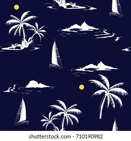 Beautiful seamless white island pattern on navy blue  background. Landscape with palm trees,beach and ocean vector hand drawn style.