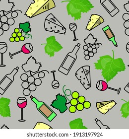 bello patrón ininterrumpido de tema vitivinícola sobre fondo gris, botella de vino, vidrio, corcadero, queso, ramo de uvas