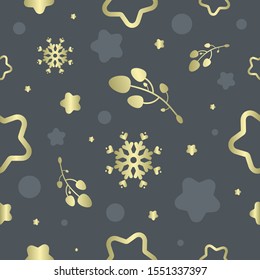 Beautiful seamless winter pattern with golden elements on dark background. Vector illustration for season decoration and christmas design. Template for festive wrapping paper and textile.