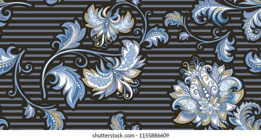 beautiful seamless  winter vintage pattern with pastel  blue decorative flowers on a black gray background with a strips , beautiful vector floral decorative ornament in vintage  style for design