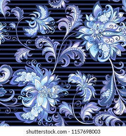 beautiful seamless winter vintage pattern with pastel  blue decorative flowers on a black background with a strips, beautiful vector floral decorative ornament in vintage  style 