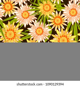 Beautiful Seamless Yellow Flower Pattern with Green Leaves. Stylized Gerbera or Daisy. Vector Flowers in Hipster Style. African Camomile Gasania. Seamless Orange Flowers for Print, Cloth, Fabric.