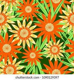 Beautiful Seamless Yellow Flower Pattern with Green Leaves. Stylized Gerbera or Daisy. Vector Flowers in Hipster Style. African Camomile Gasania. Seamless Orange Flowers for Print, Cloth, Fabric.